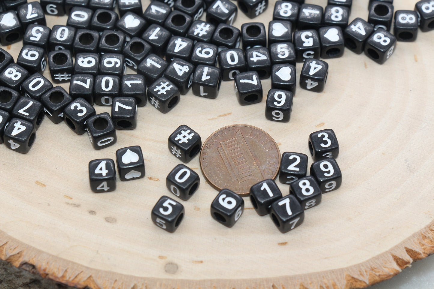 Number Beads, Assorted Number Beads, Black Cube with White Numbers Square Beads, Heart, Hashtag #, Size 6mm #2972