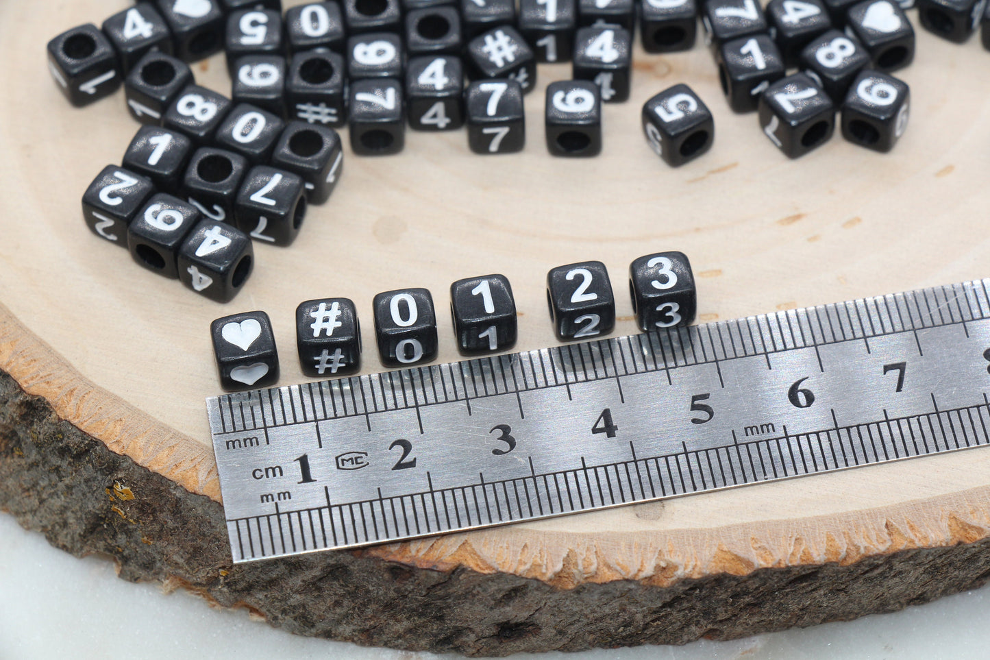 Number Beads, Assorted Number Beads, Black Cube with White Numbers Square Beads, Heart, Hashtag #, Size 6mm #2972