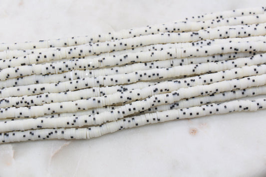 6mm Speckled Heishi Beads, Black Dotted Polymer Clay Disc Beads, African Disc Beads, Jewelry Making Beads, Full Strand #526