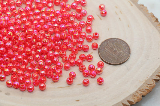 4mm Red AB Round Beads, Iridescent Acrylic Gumball Beads, Bubblegum Beads, Plastic Round Smooth Bead #3031