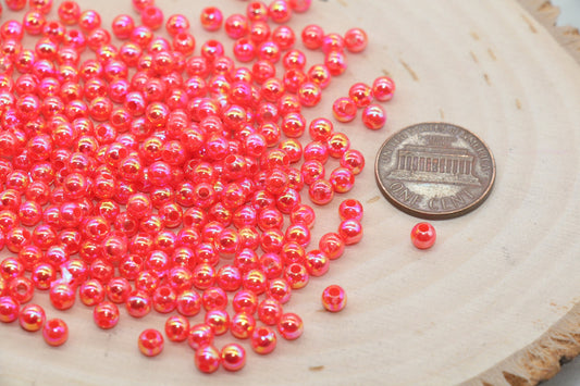 4mm Coral Red AB Round Beads, Iridescent Acrylic Gumball Beads, Bubblegum Beads, Plastic Round Smooth Bead #3009