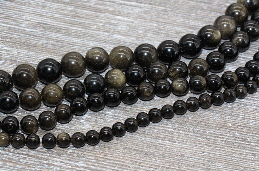 Golden Obsidian Beads, Black Beads Gemstone Smooth Round Loose Beads, Sizes 4mm 6mm 8mm 10mm 12mm, Full Strand 15.5 inch, #21