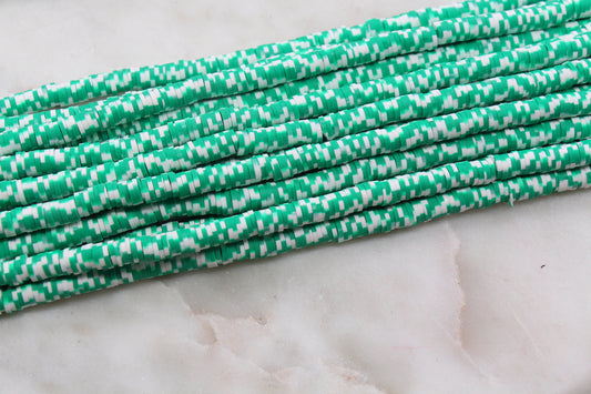 6mm Green Speckled Heishi Beads, Green and White Dotted Speckled Polymer Clay Disc Beads, African Disc Beads, Heishi Beads, Full Strand #458