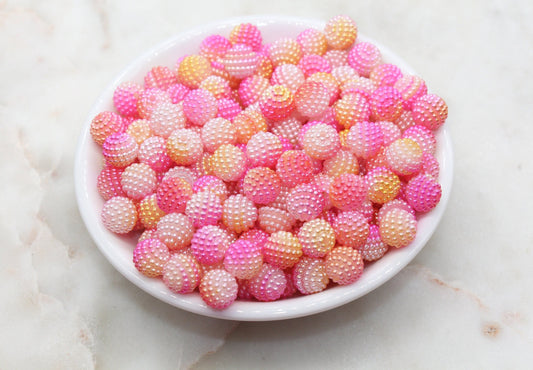 10mm Pink and Yellow Ombre Berry Beads, Imitation Pearl Acrylic Beads, Pearly Round Acrylic Loose Beads, Bubblegum Beads, Chunky Beads #2994