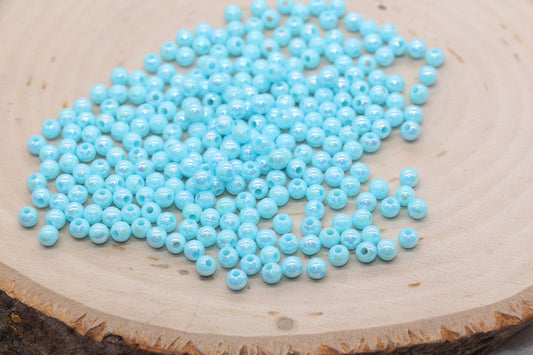 4mm Light Blue AB Round Beads, Iridescent Acrylic Gumball Beads, Bubblegum Beads, Plastic Round Smooth Bead #3006