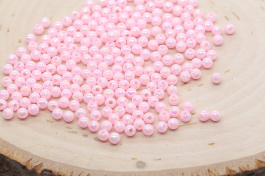 4mm Pink AB Round Beads, Iridescent Acrylic Gumball Beads, Bubblegum Beads, Plastic Round Smooth Bead #3007