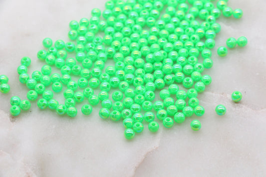 4mm Bright Green AB Round Beads, Iridescent Acrylic Gumball Beads, Bubblegum Beads, Plastic Round Smooth Bead #3011