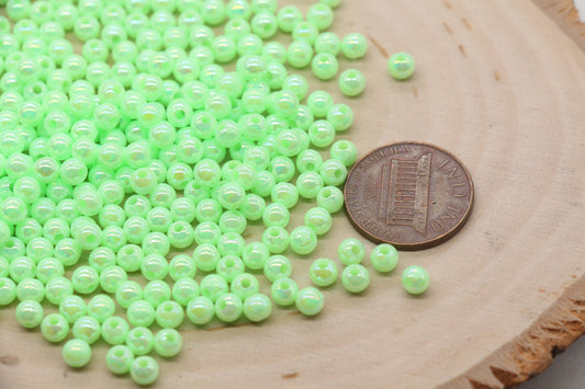 4mm Light Green AB Round Beads, Iridescent Acrylic Gumball Beads, Bubblegum Beads, Plastic Round Smooth Bead #3014