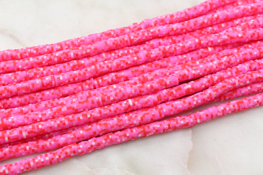 6mm Pink and Red Speckled Heishi Beads, Dotted Speckled Polymer Clay Disc Beads, African Disc Beads, Vinyl Heishi, Full Strand #613