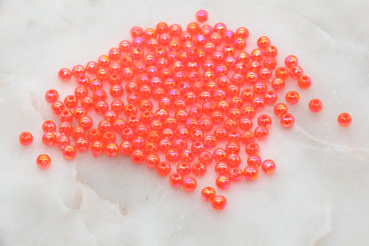 4mm Bright Orange AB Round Beads, Iridescent Acrylic Gumball Beads, Bubblegum Beads, Plastic Round Smooth Bead #3017