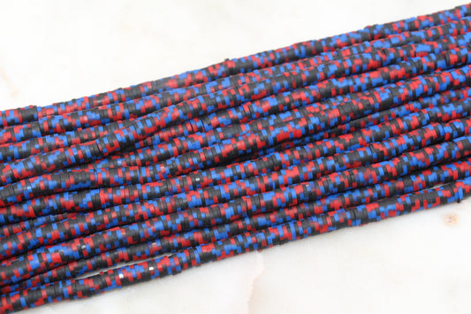 6mm Black Red and Blue Mix Speckled Heishi Beads, Dotted Speckled Polymer Clay Disc Beads, African Disc Beads, Full Strand #619