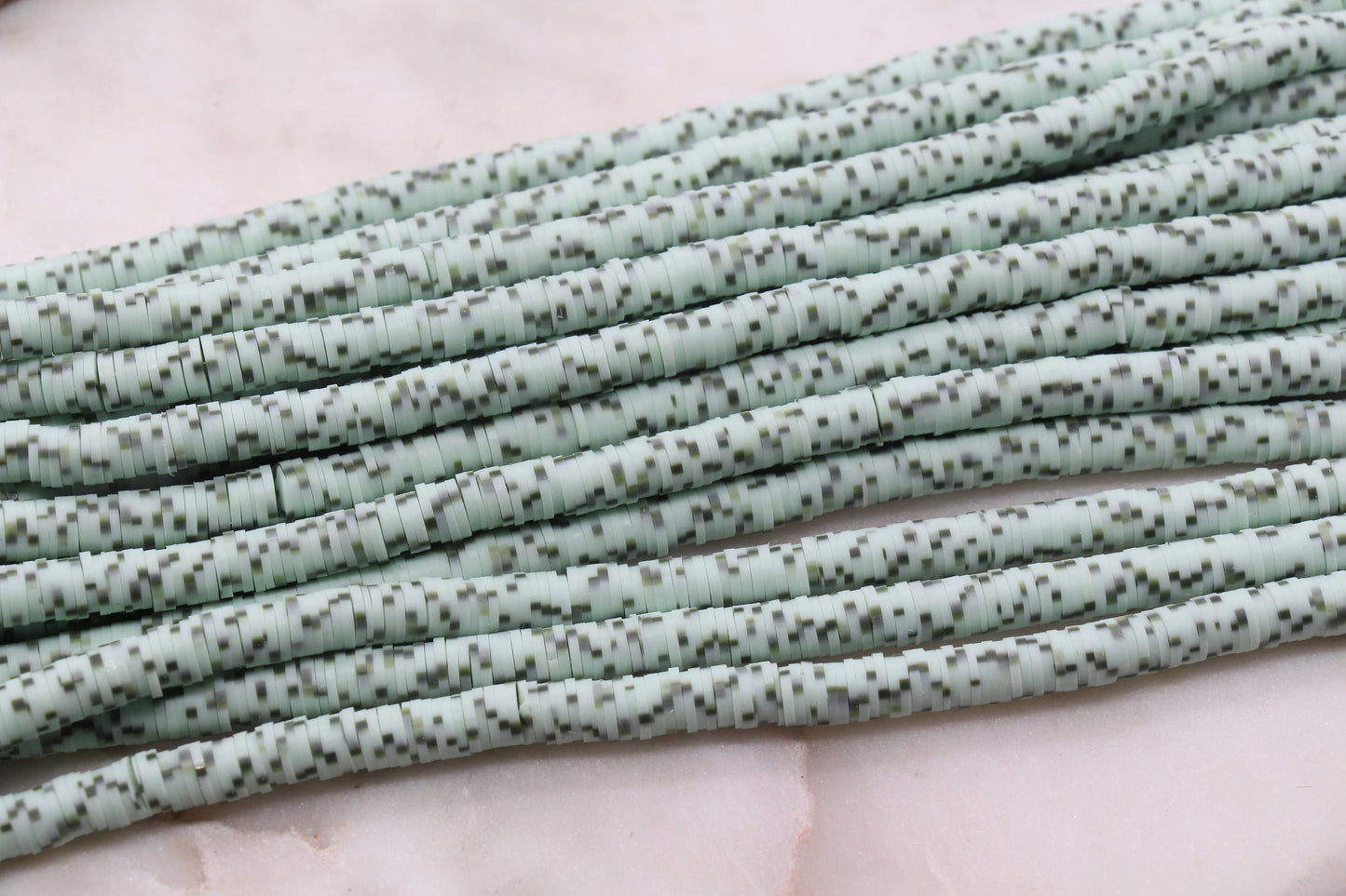 6mm Green with Black Dotted Speckled Heishi Beads, Dotted Speckled Polymer Clay Disc Beads, African Disc Beads, Full Strand #601