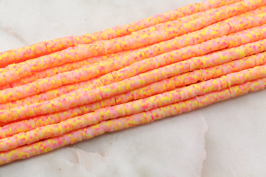 6mm Peach and Yellow Speckled Heishi Beads, Dotted Speckled Polymer Clay Disc Beads, African Disc Beads, Vinyl Heishi, Full Strand #612