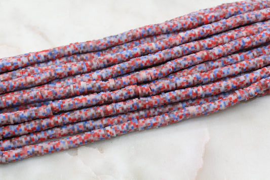 6mm Red and Blue Mix Speckled Heishi Beads, Dotted Speckled Polymer Clay Disc Beads, African Disc Beads, Jewelry Making, Full Strand #621