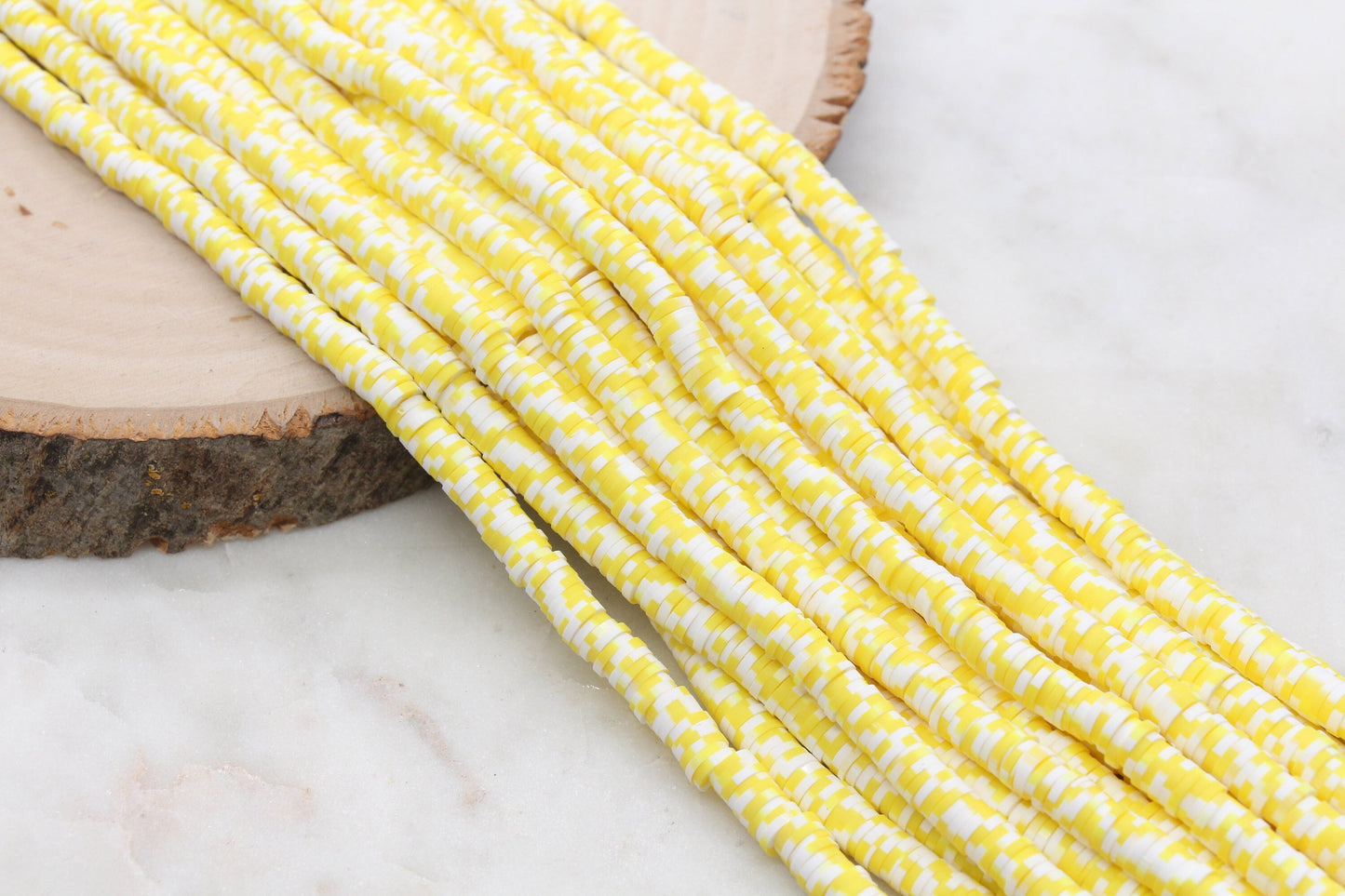 6mm Yellow Speckled Heishi Beads, Yellow with White Dotted Polymer Clay Disc Beads, African Disc Beads, Bracelet Beads, Full Strand #623