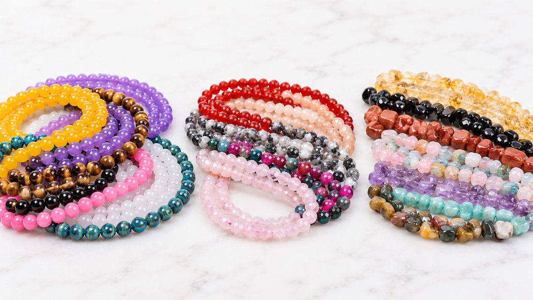 Round, faceted and irregular gemstone beads shown side by side