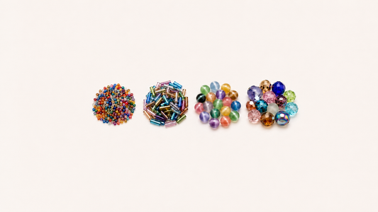Seed, bugle, cat eye and decorative glass beads shown side by side