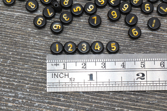 black and gold 7 mm round acrylic number beads, mixed set; round number beads