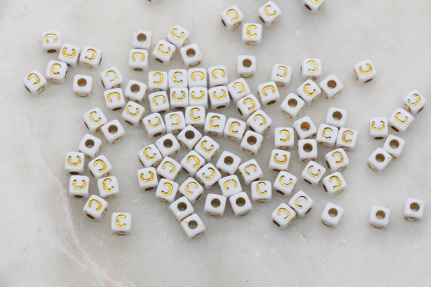 White and Gold Cube Beads, Individual Letter Beads, A-Z 4.8mm