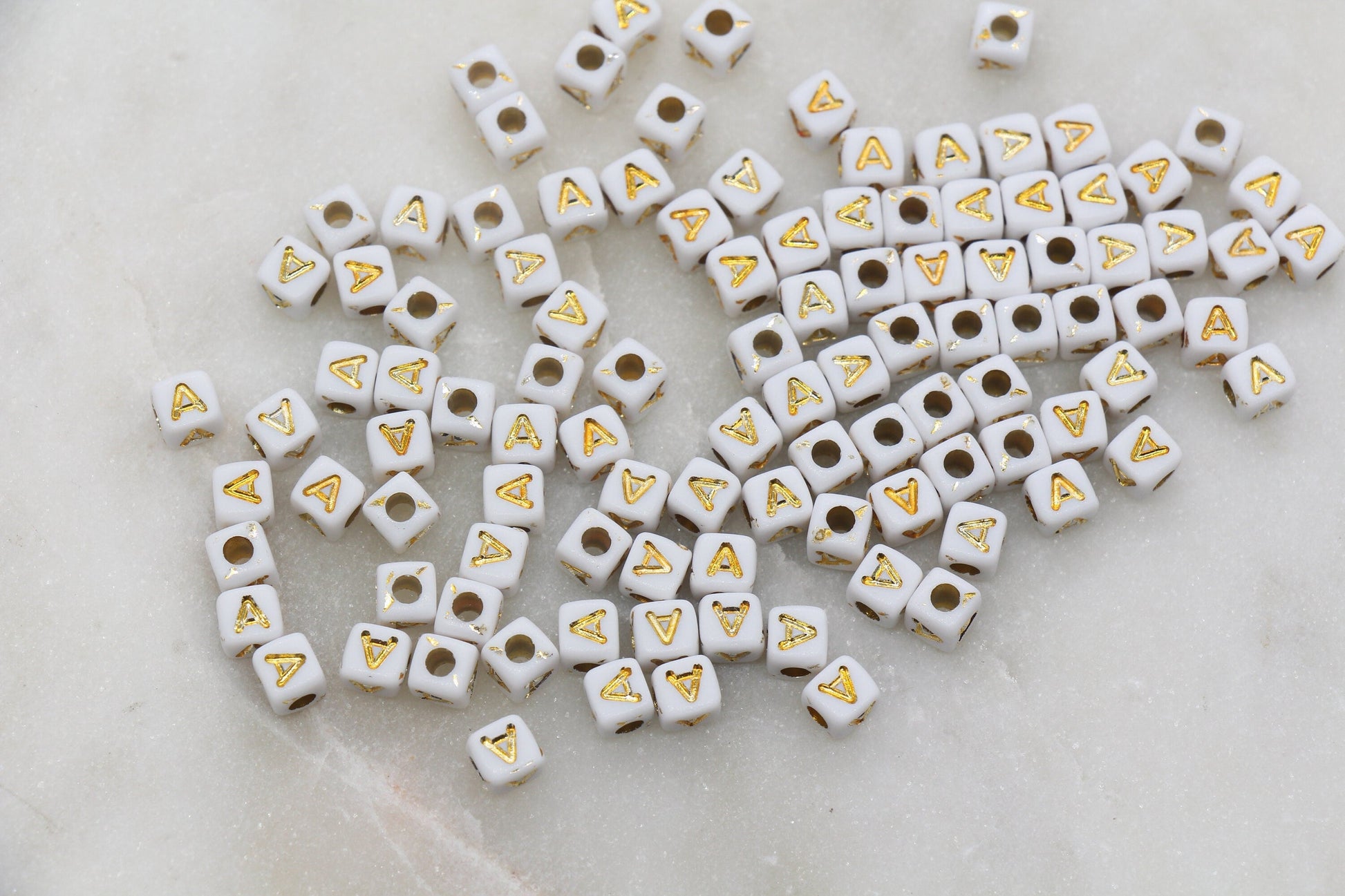 Letter A Cube Beads, Individual Letter Beads, White and Gold Cube Alphabet Letter Beads, Gold Letter Beads, Square Name Beads, Size 4.8mm