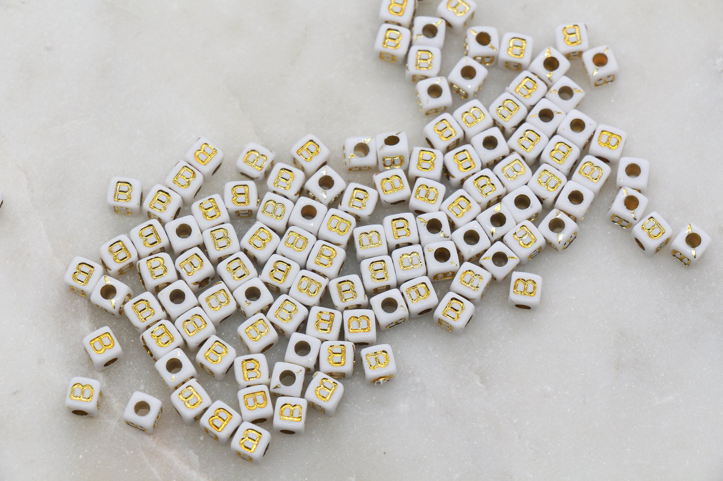 Letter B Cube Beads, Individual Letter Beads, White and Gold Cube Alphabet Letter Beads, Gold Letter Beads, Square Name Beads, Size 4.8mm