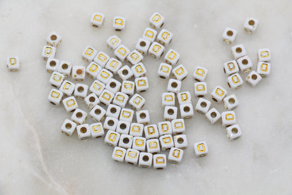 White and Gold Cube Beads, Individual Letter Beads, A-Z 4.8mm