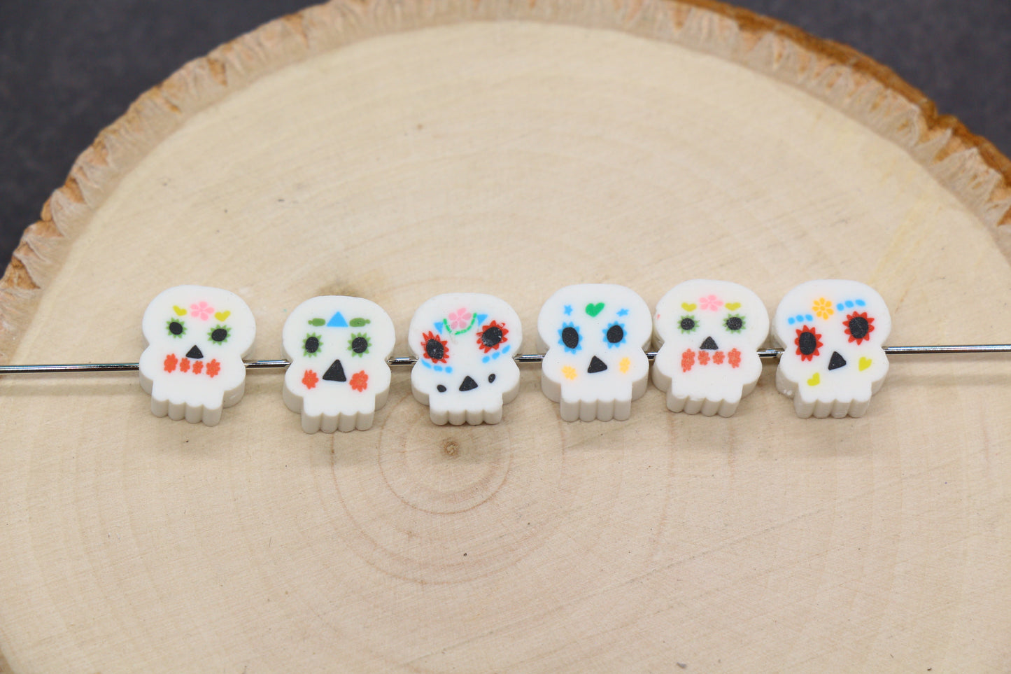 Day of the Dead sugar skull polymer clay beads – colorful skull beads for Halloween jewelry