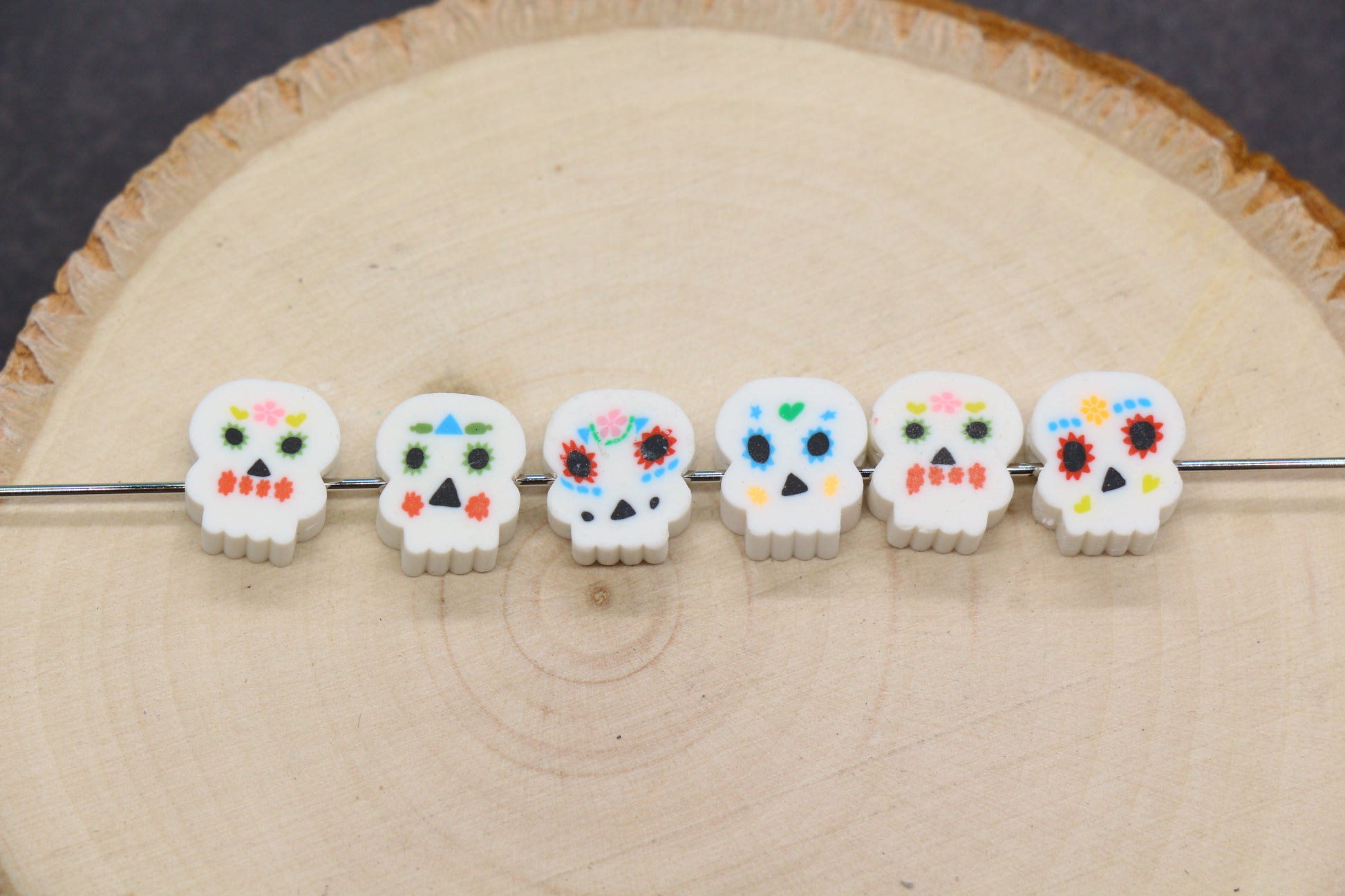 Day of the Dead sugar skull polymer clay beads – colorful skull beads for Halloween jewelry