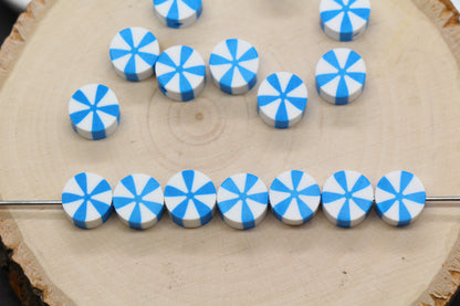 Blue peppermint polymer clay beads – candy swirl round beads for jewelry making