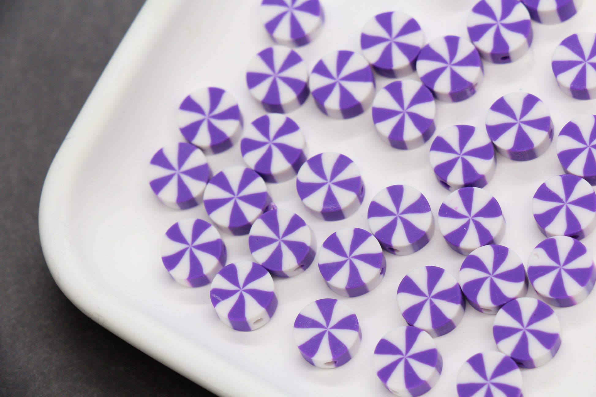 Purple peppermint polymer clay beads – candy swirl round beads for jewelry making