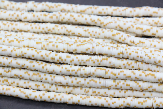 White & Gold Speckle Heishi Beads – Polymer Clay Disc Beads for Jewelry