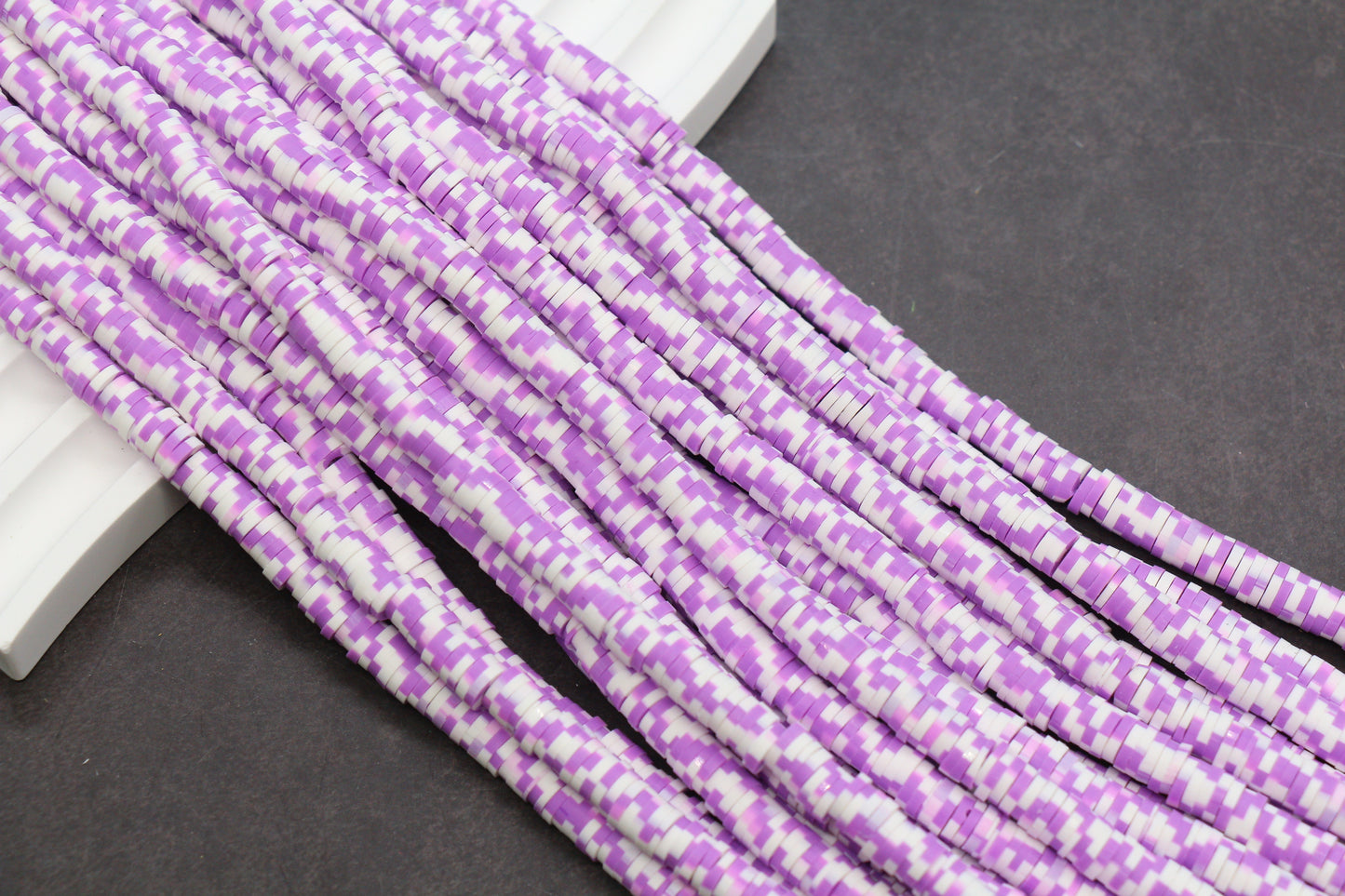 Purple and white speckle heishi beads – polymer clay disc beads for jewelry making