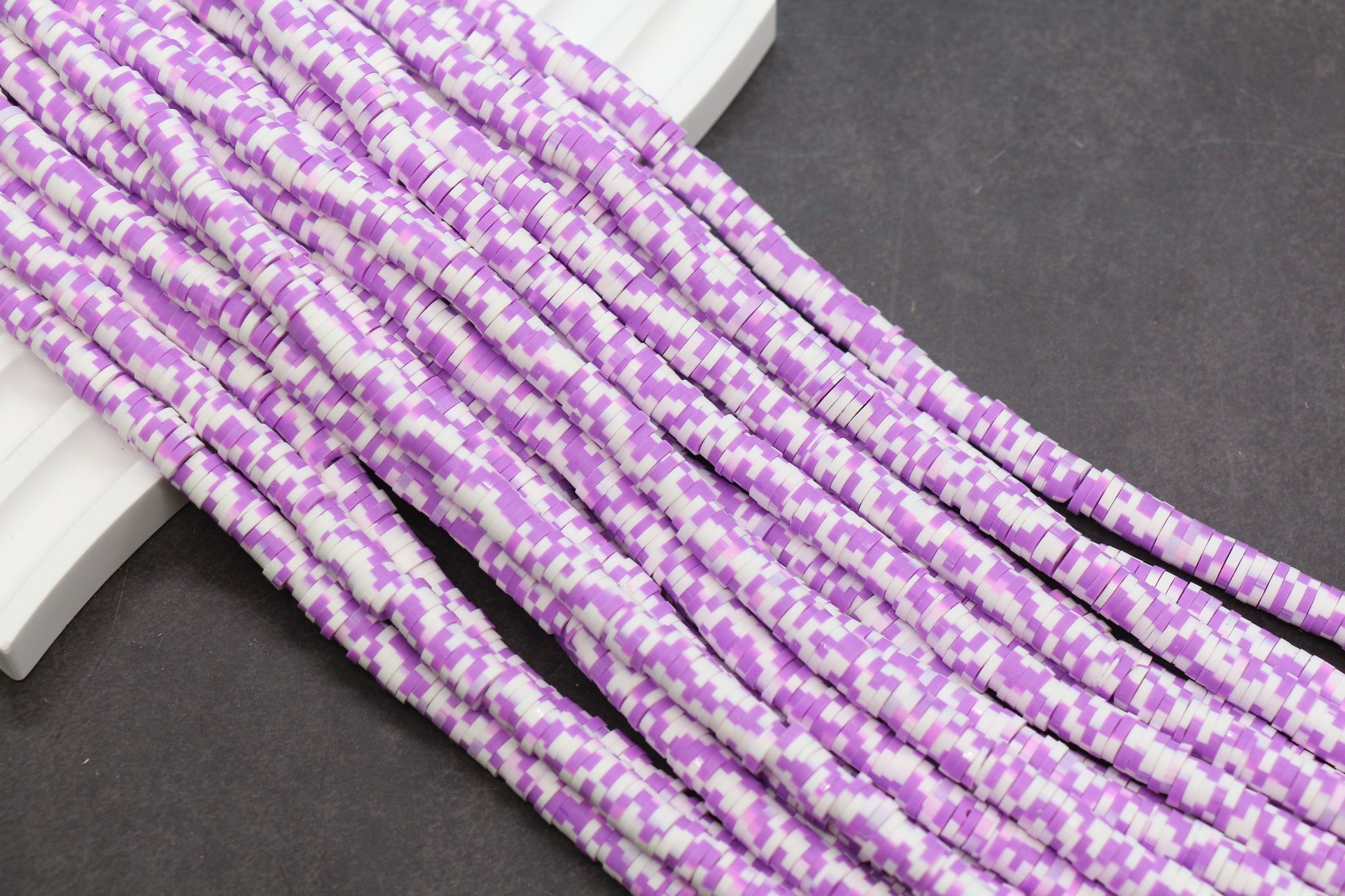 Purple and white speckle heishi beads – polymer clay disc beads for jewelry making