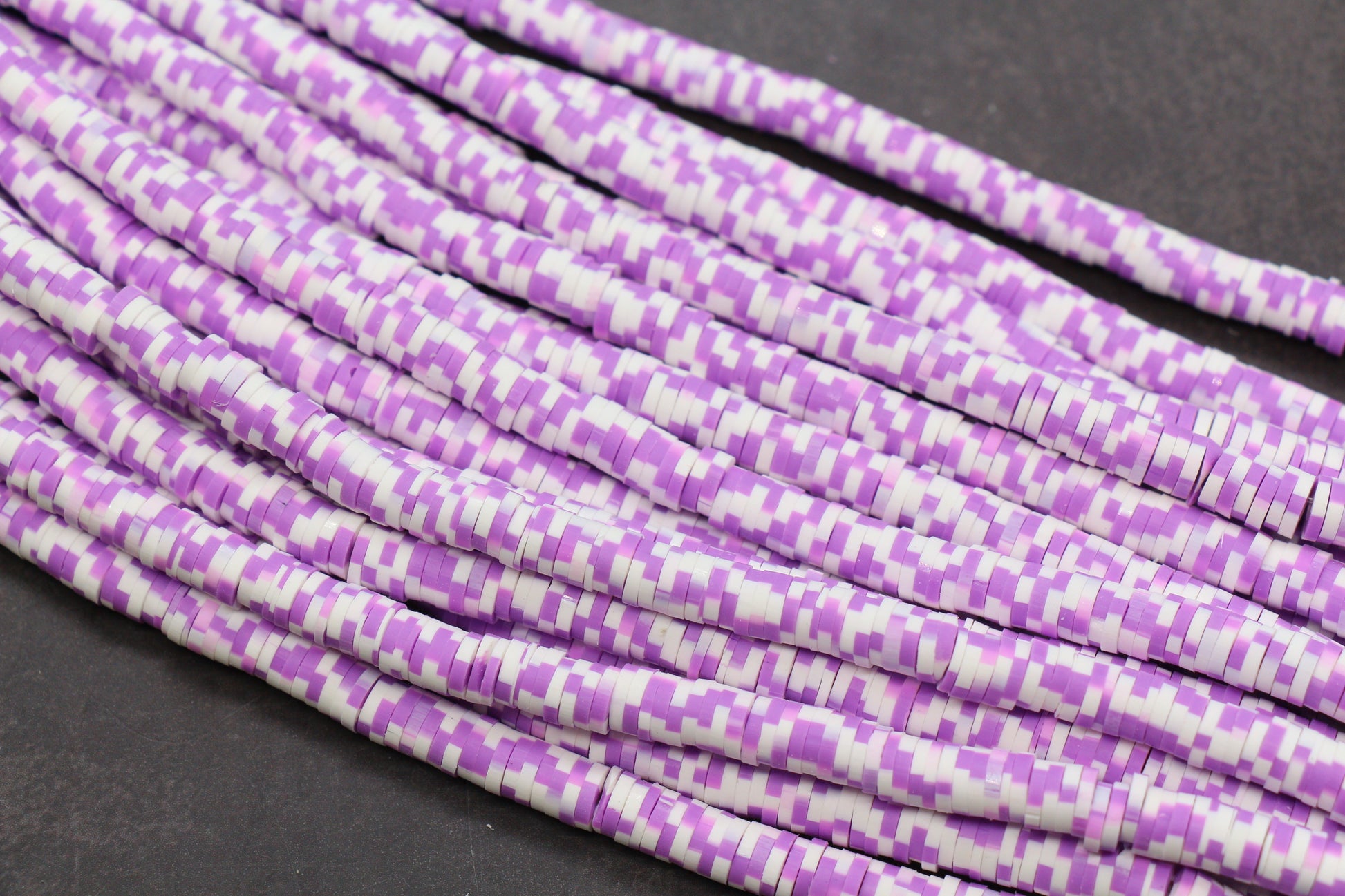 Purple and white speckle heishi beads – polymer clay disc beads for jewelry making