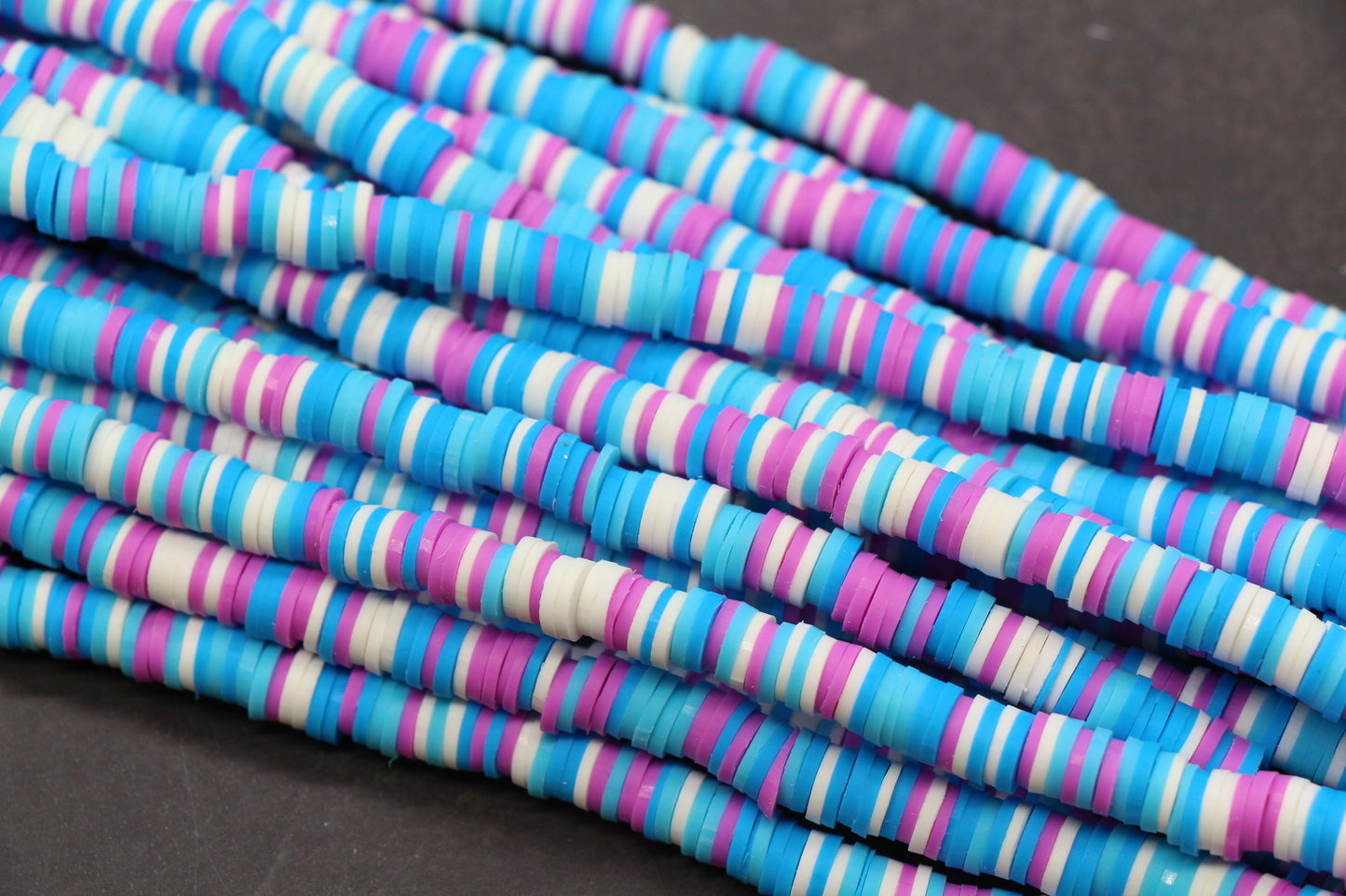Striped heishi disc beads – blue purple white polymer clay beads for DIY crafts