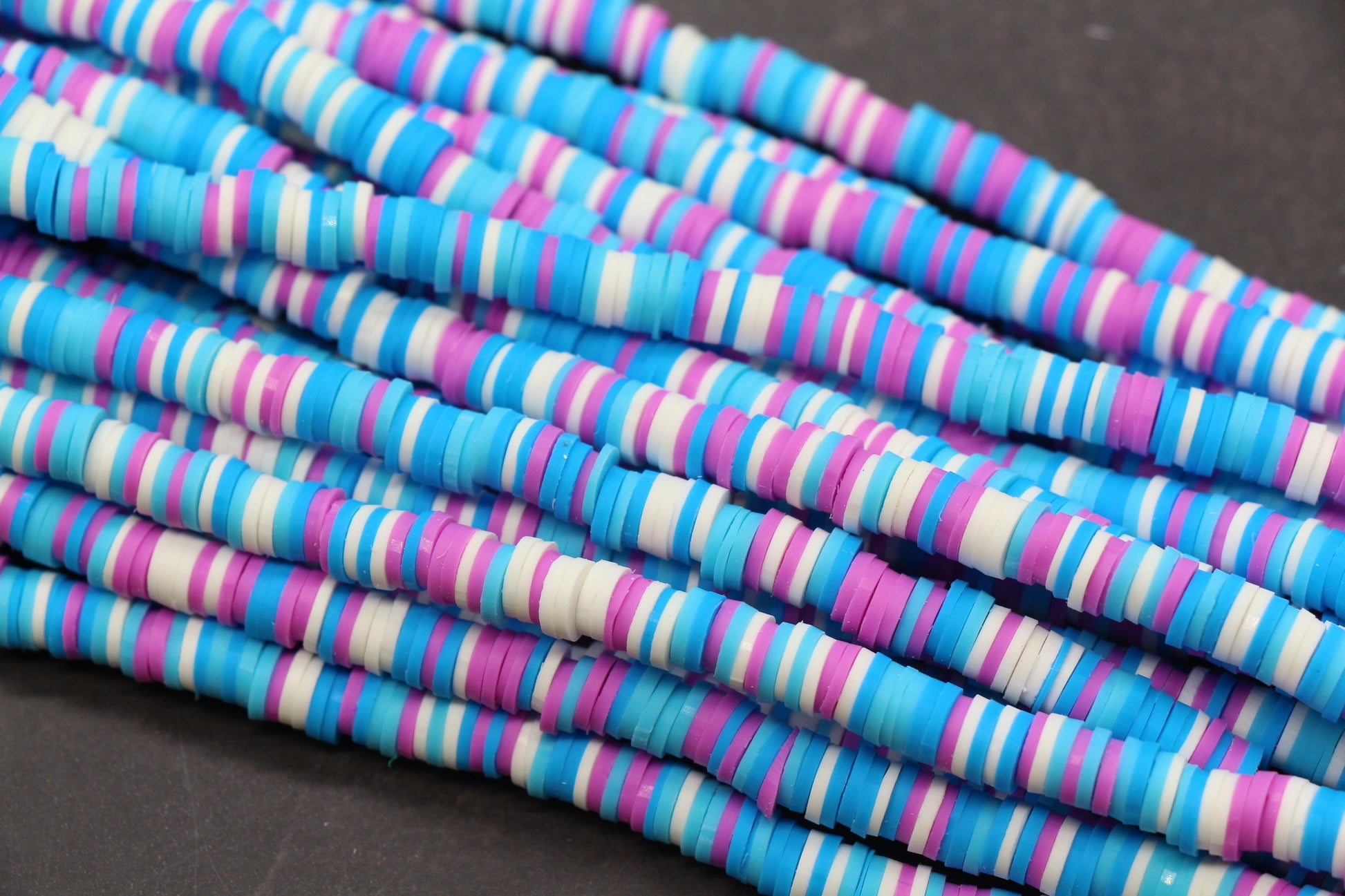Striped heishi disc beads – blue purple white polymer clay beads for DIY crafts
