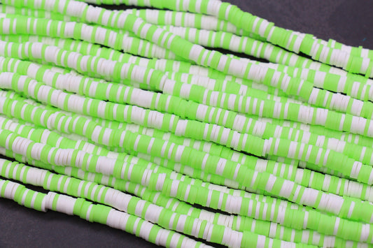 6mm Lime Green & White Striped Heishi Polymer Clay Beads – Disc Spacer Beads for DIY Jewelry