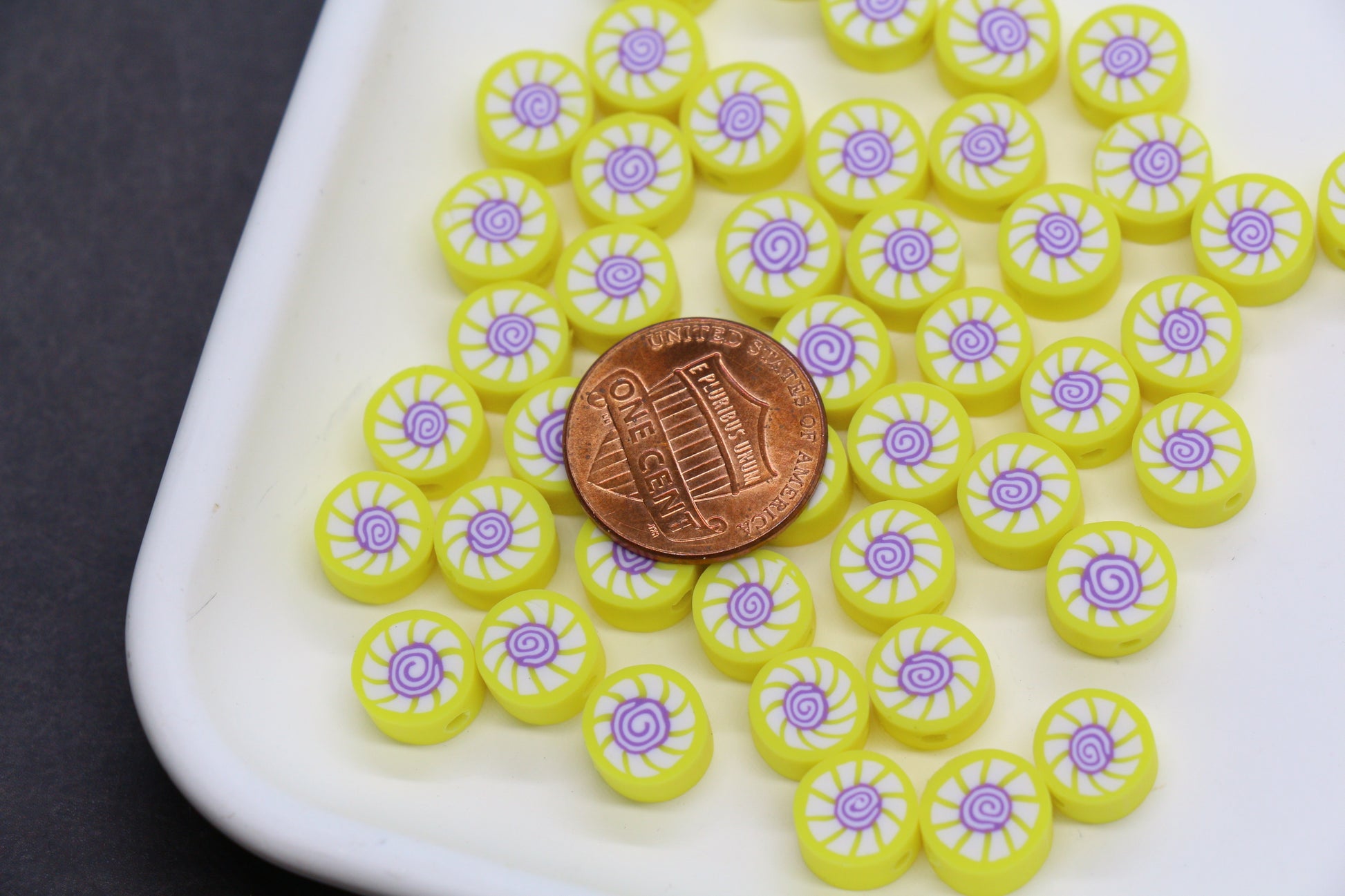 Sushi Polymer Clay Beads – 10mm Yellow Spiral Roll Focal Beads for DIY Jewelry