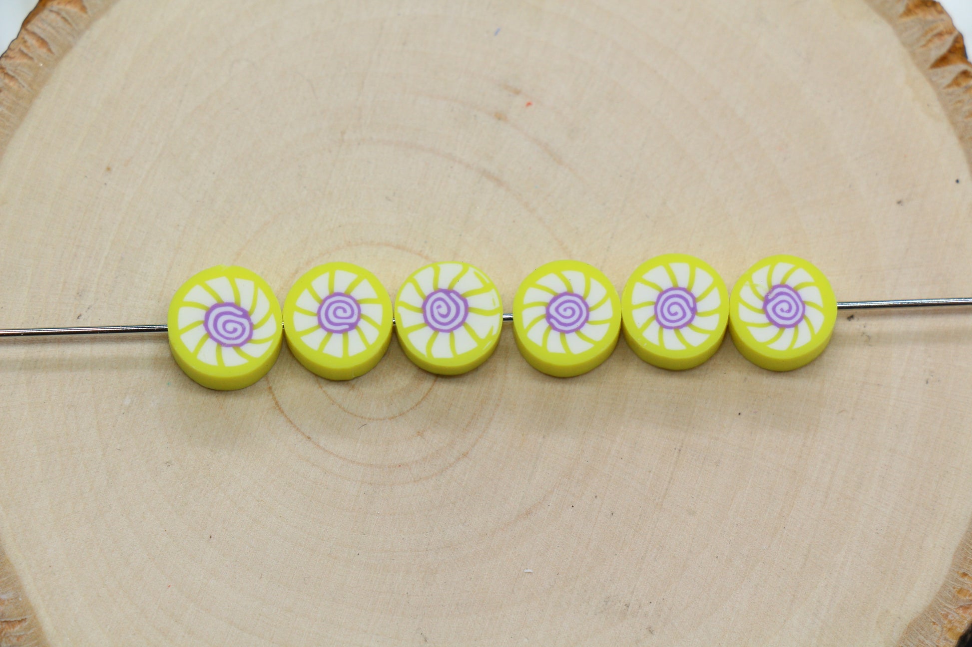 Sushi Polymer Clay Beads – 10mm Yellow Spiral Roll Focal Beads for DIY Jewelry