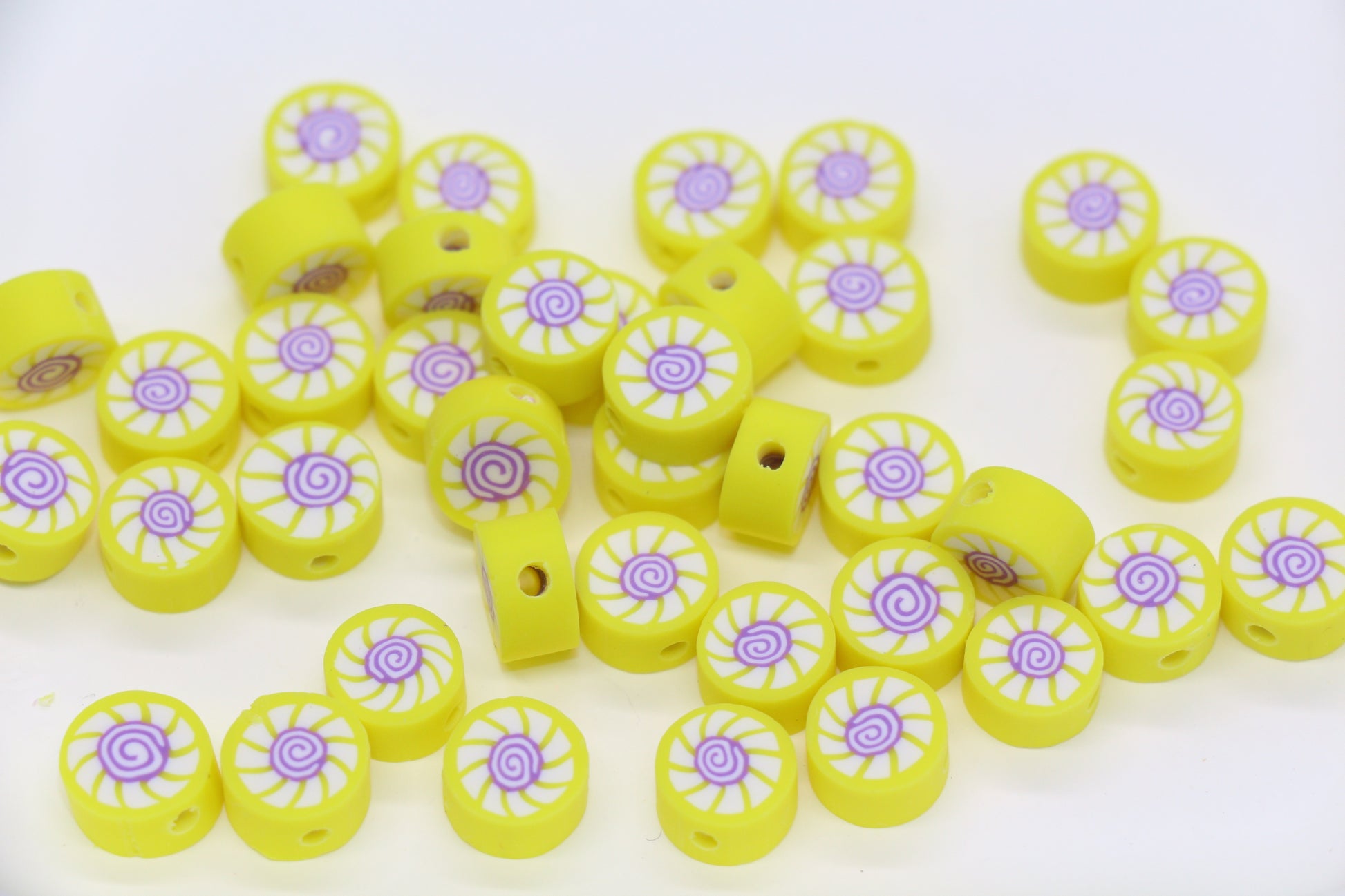 Sushi Polymer Clay Beads – 10mm Yellow Spiral Roll Focal Beads for DIY Jewelry