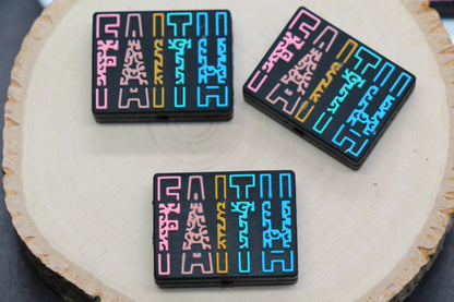 Faith focal silicone bead with rainbow text – Christian craft supply for jewelry making and DIY keychains