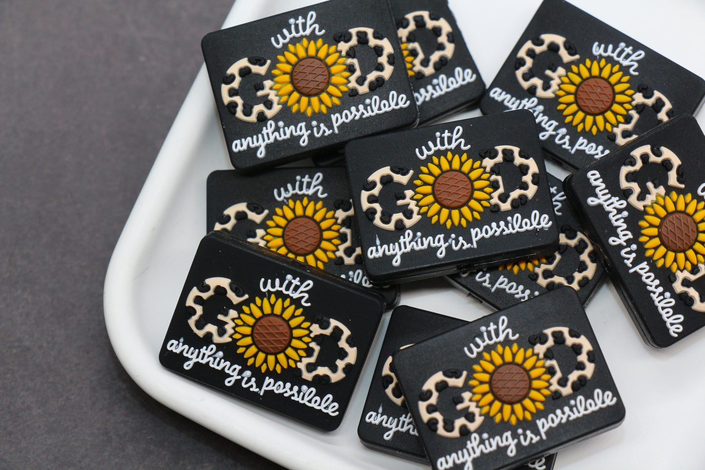 With God Anything is Possible sunflower silicone focal bead – Christian jewelry and keychain DIY supply