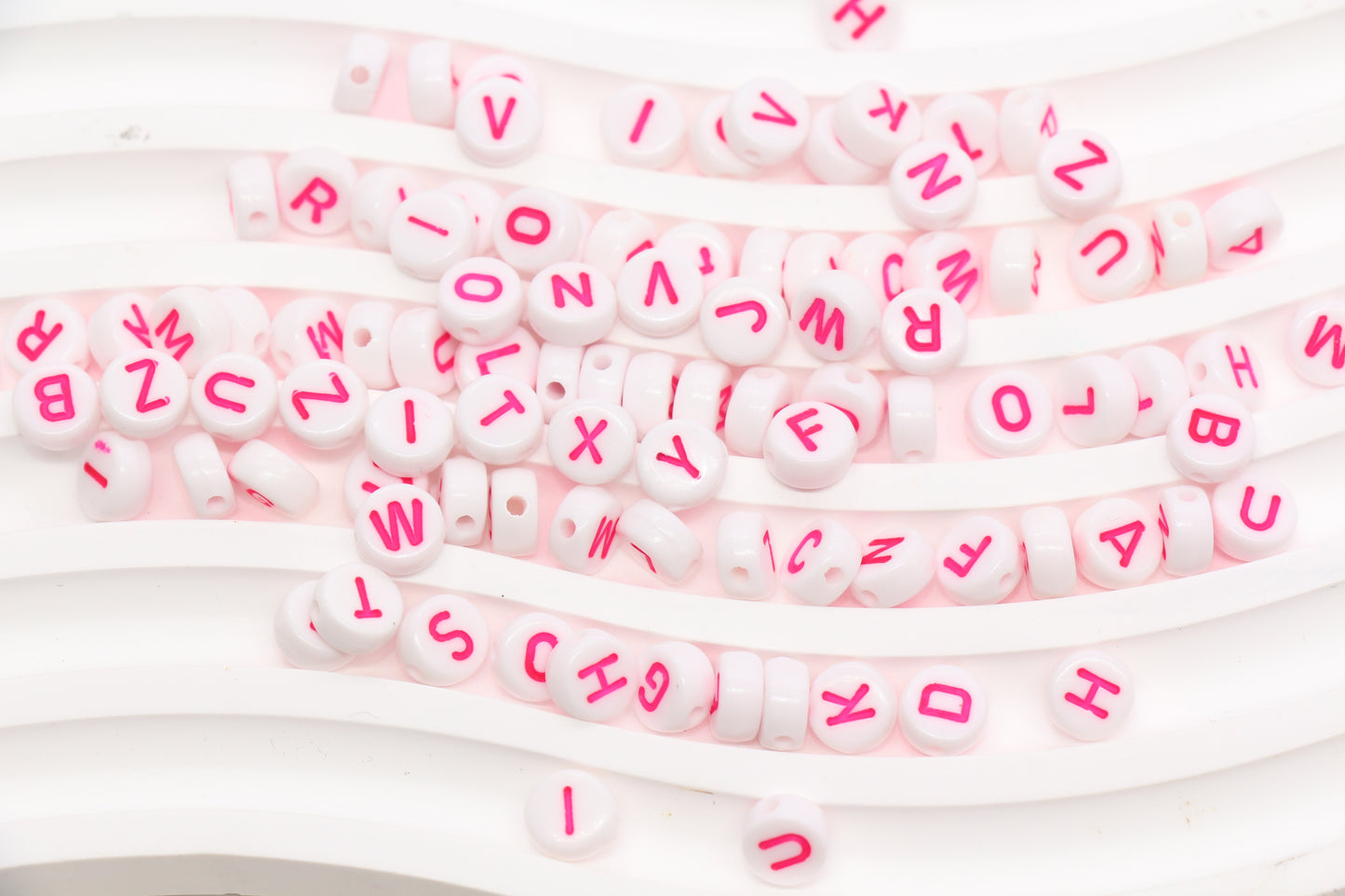 7mm White Round Letter Beads with Pink Letters #1099