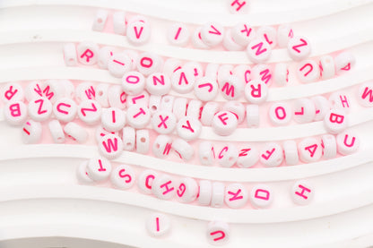 7mm White Round Letter Beads with Pink Letters #1099