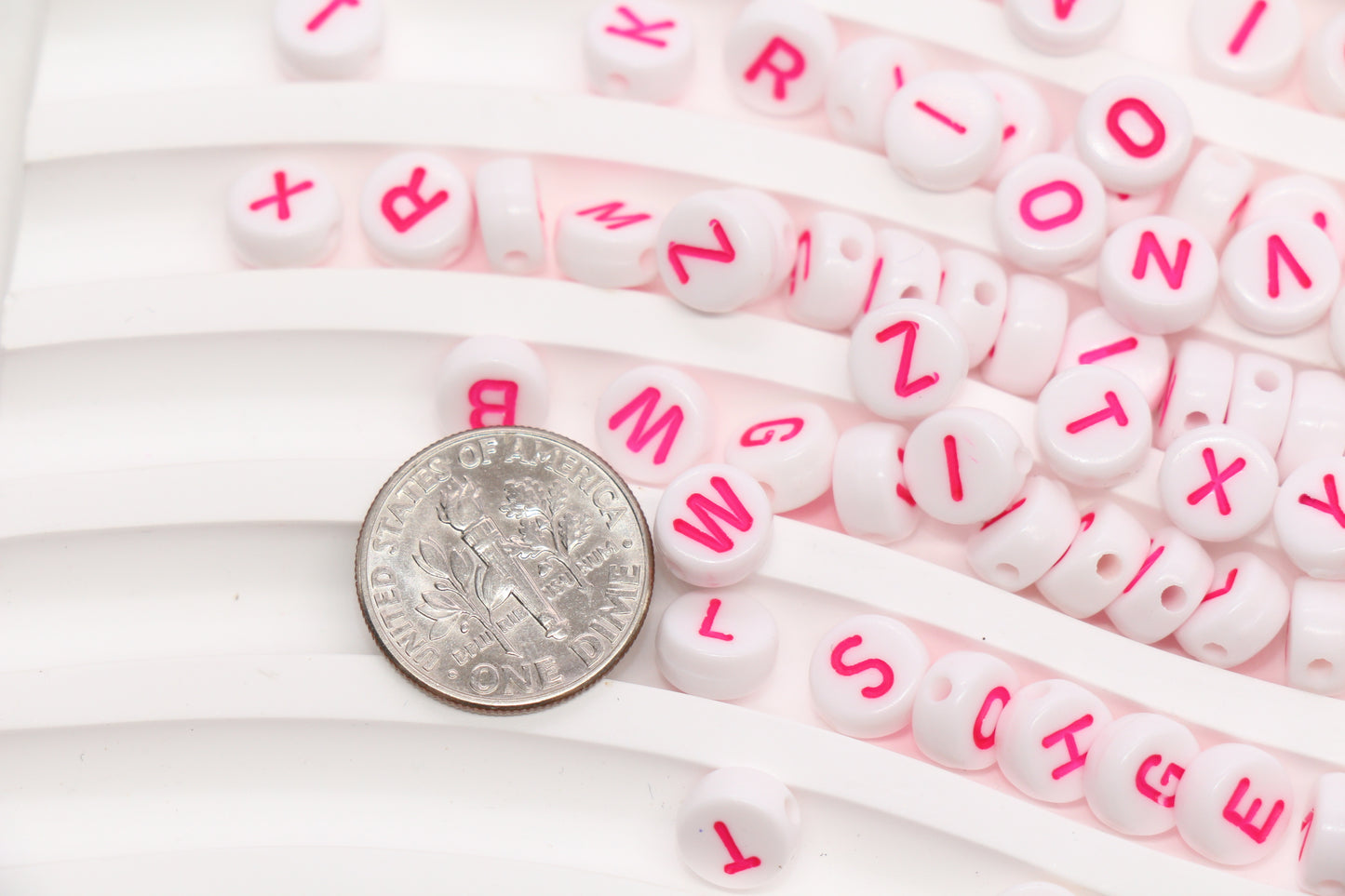 7mm White Round Letter Beads with Pink Letters #1099