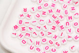 7mm White Round Letter Beads with Pink Letters #1099