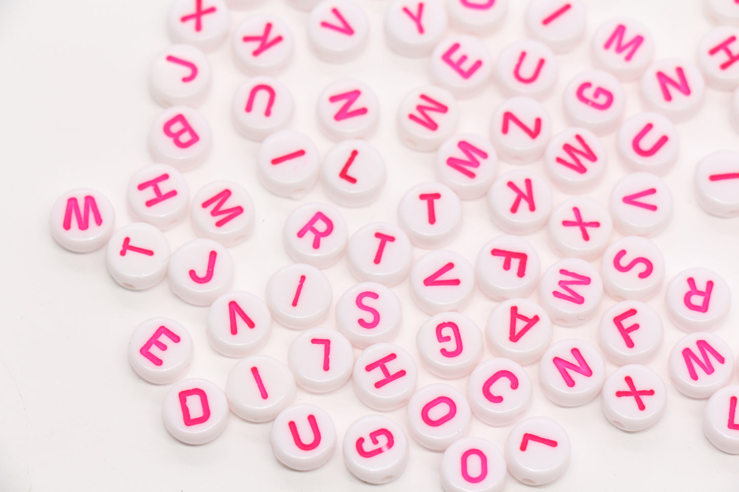 7mm White Round Letter Beads with Pink Letters #1099