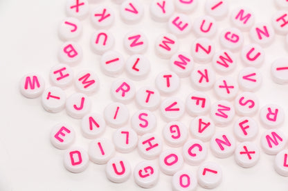 7mm White Round Letter Beads with Pink Letters #1099