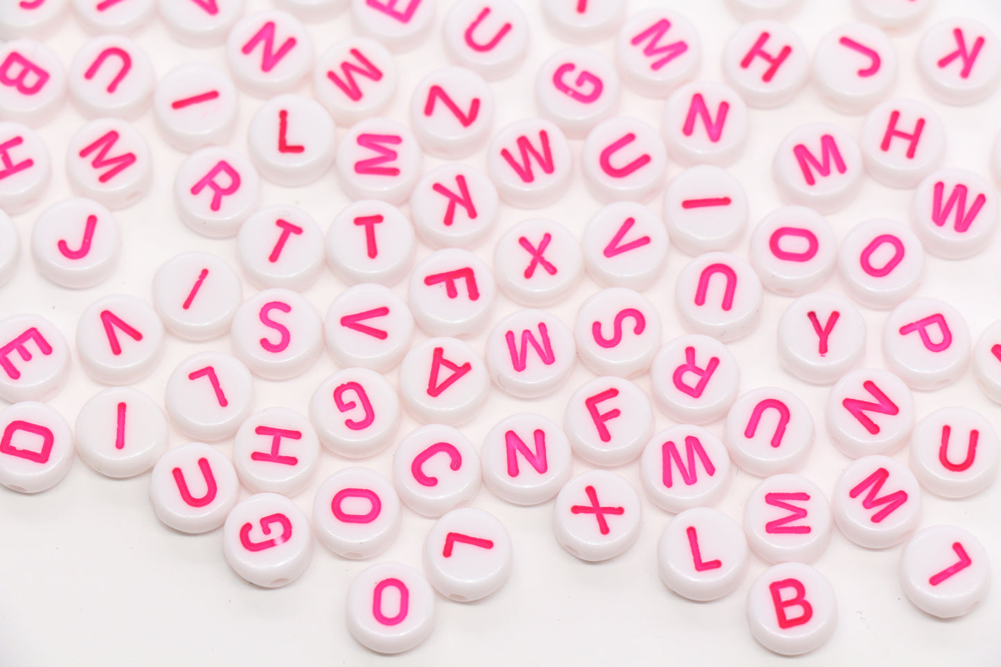 7mm White Round Letter Beads with Pink Letters #1099
