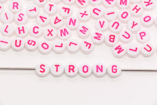 7mm White Round Letter Beads with Pink Letters #1099